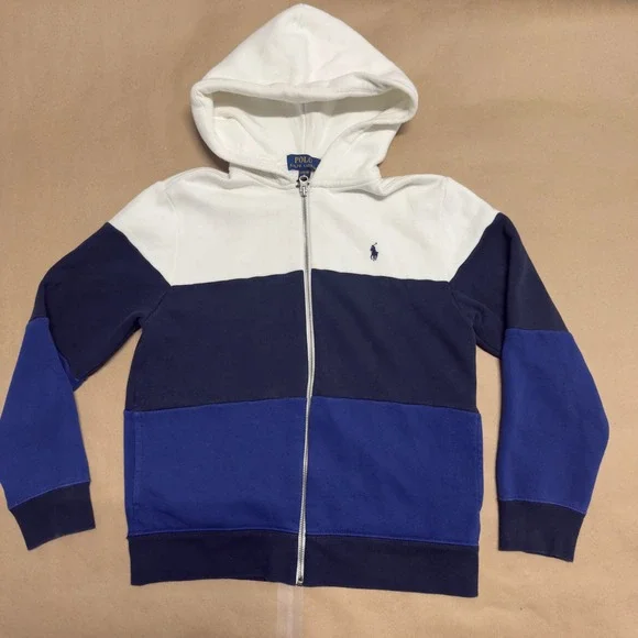 Polo Ralph Lauren Kids Boys L 14-16 Colorblock Full Zip Hoodie White Navy Blue - Picture 1 of 12